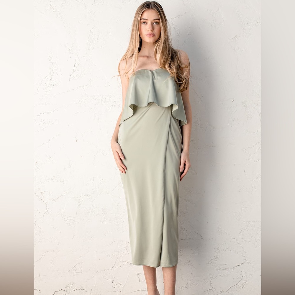 Lulu’s Class and Charisma Sage Green Satin Strapless Midi Dress